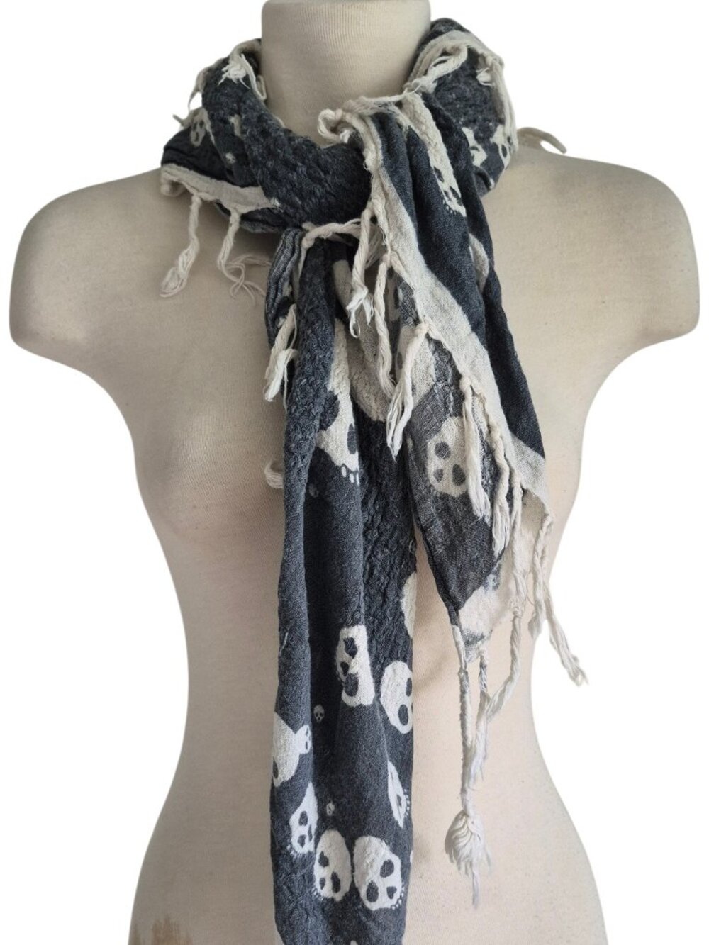 Zara RARE Skull Grunge Scarf Grey and White Textured Tassels - Picture 3 of 16